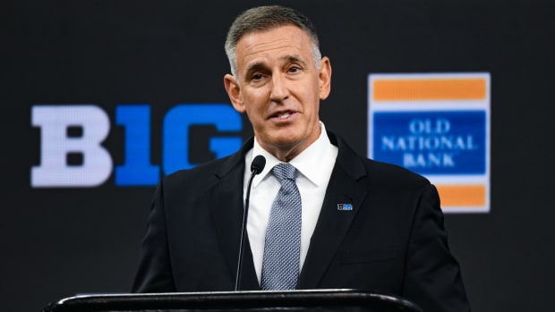 Big Ten commissioner Tony Petitti speaks to the media during Big 10 football media days at Lucas Oil Stadium in Indianapolis on July 26, 2023.