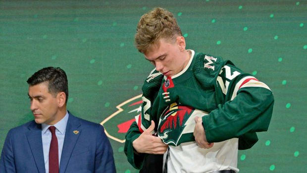 Danila Yurov after being selected as the number twenty-four overall pick to the Minnesota Wild in the first round of the 2022 NHL Draft at Bell Centre in Montreal on July 7, 2022.
