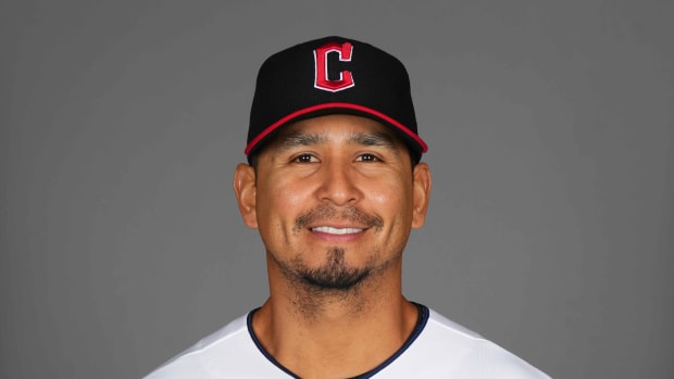 Feb 22, 2024; Goodyear, AZ, USA; Cleveland Guardians player Carlos Carrasco poses for a photo during Media Day at the Cleveland Guardians Spring Training Facility.