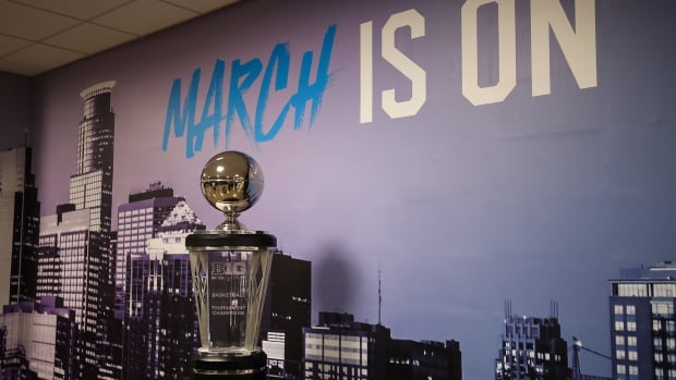 A general view of the Trophy before the game between the Ohio State Buckeyes and the Iowa Hawkeyes at Target Center.