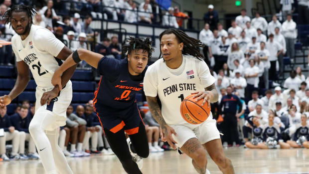 Penn State point guard Ace Baldwin Jr. the ball against Illinois in a Big Ten men's basketball game at Rec Hall.