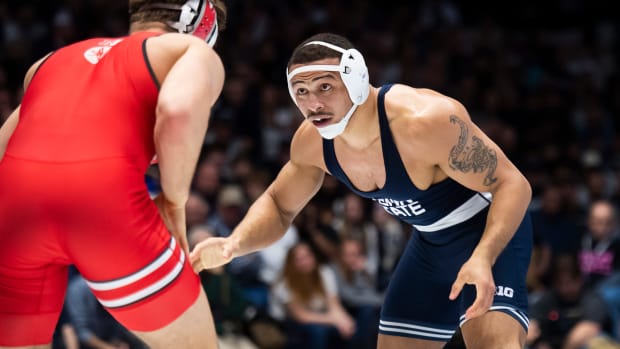 Penn State's Aaron Brooks competes against Ohio State in a Big Ten wrestling match at Rec Hall in 2024.