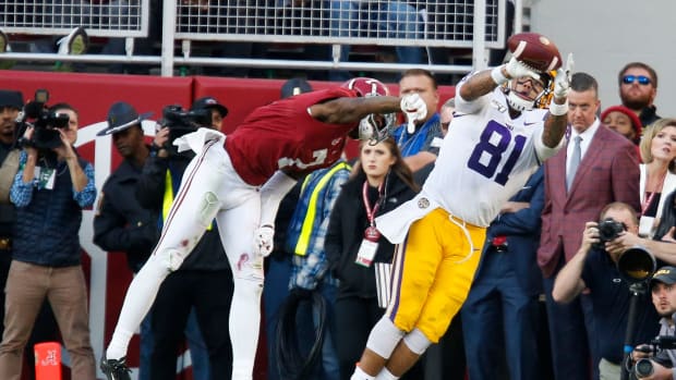 Alabama defensive back Trevon Diggs (7) defends on a controversial catch at the one yard line by LSU tight end Thaddeus Moss (81) during the first half of Alabama's game with LSU Saturday, Nov. 9, 2019. [Staff Photo/Gary Cosby Jr.] Alabama Vs Lsu  