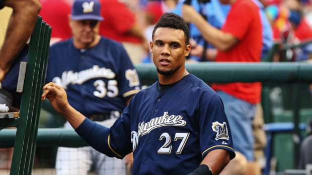 Gómez during the Brewers’ 5-1 win over the Rangers on Aug. 13, 2013.