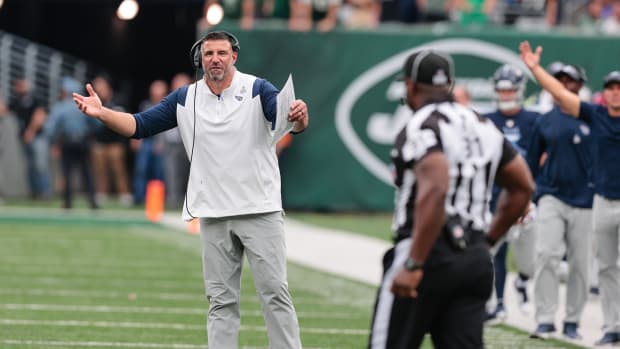 Oct 3, 2021; East Rutherford, New Jersey, USA; Tennessee Titans head coach Mike Vrabel reacts to a call by an official against the New York Jets during overtime at MetLife Stadium.