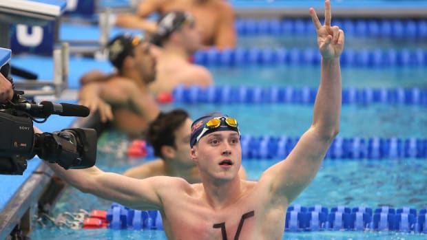 Noah Nichols celebrates after winning the 100-yard breaststroke title at the 2024 ACC Swimming & Diving Championships.