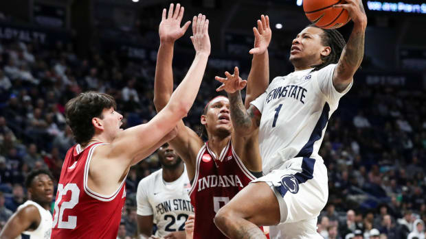 Penn State's Ace Baldwin Jr. drives to the basket against Indiana in a Big Ten men's basketball game at the Bryce Jordan Center.