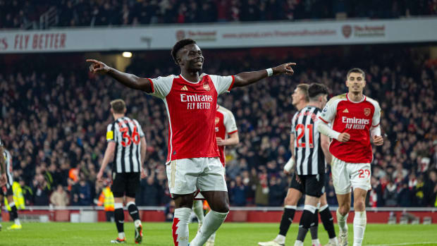 Bukayo Saka pictured (center) celebrating after scoring for Arsenal in a 4-1 win over Newcastle in February 2024
