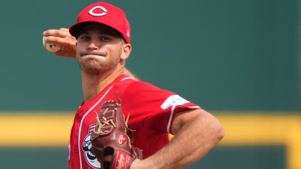 Cincinnati Reds starting pitcher Carson Spiers (68) delivers a pitch in the first inning during a MLB spring training baseball game, Saturday, Feb. 24, 2024, at Goodyear Ballpark in Goodyear, Ariz.  