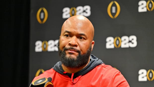 Jan 7, 2023; Los Angeles, California, USA; Georgia Bulldogs run game coordinator and running back coach Dell McGee talks to media on media day before the 2023 CFP National Championship game at Los Angeles Convention Center.