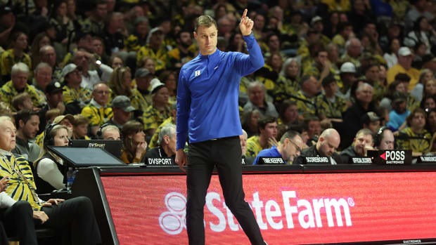 Duke coach Jon Scheyer reacts to a play against Wake Forest  during the second half at Lawrence Joel Veterans Memorial Coliseum.