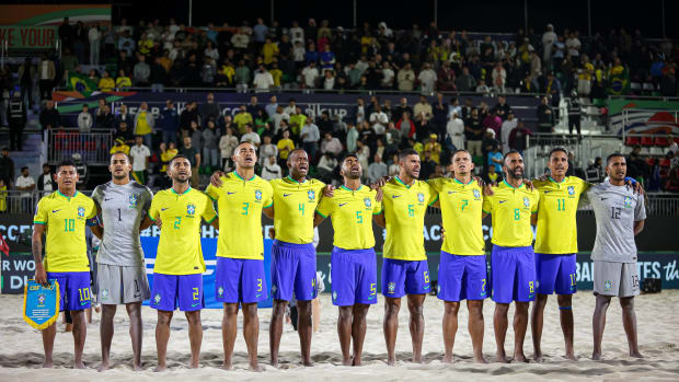 The Brazil team pictured at the 2024 FIFA Beach Soccer World Cup in the United Arab Emirates