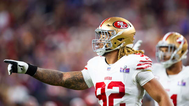 Feb 11, 2024; Paradise, Nevada, USA; San Francisco 49ers defensive end Chase Young (92) reacts against the Kansas City Chiefs in Super Bowl LVIII at Allegiant Stadium. Mandatory Credit: Mark J. Rebilas-USA TODAY Sports