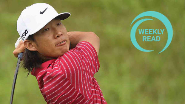 Anthony Kim is pictured at the 2011 Iskandar Johor Open in Johor Bahru, Malaysia, along with the SI Golf Weekly Read logo.