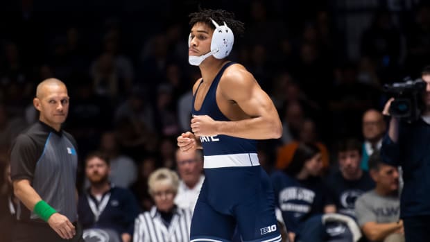 Penn State wrestler Carter Starocci takes the mat against Ohio State in a Big Ten match at Rec Hall.