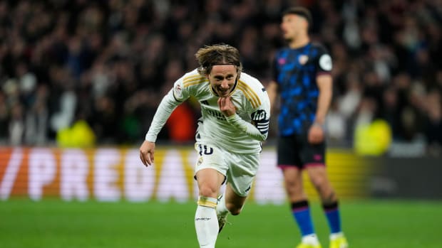 Luka Modric pictured celebrating after scoring for Real Madrid in a 1-0 win over Sevilla in February 2024