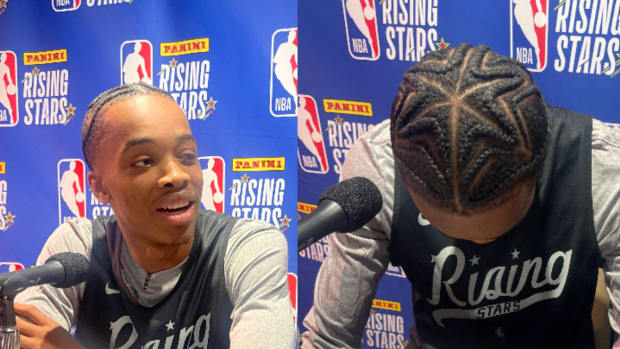 Photo Credit: Candi Waller SI.com Inside The Wizards. Bilal Coulibaly showing his NBA Rising Stars hairstyle at the Rising Stars Media Availability during All Star Weekend