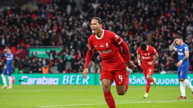 Goalscorer Virgil van Dijk pictured celebrating during Liverpool's 1-0 win over Chelsea in the 2024 EFL Cup final at Wembley