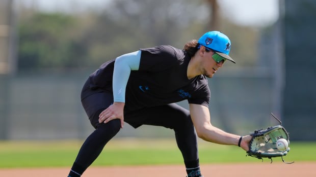 Feb 17, 2024; Jupiter, FL, USA; Miami Marlins third baseman Jonah Bride practices during a spring training workout at the Marlins Player Development & Scouting Complex.