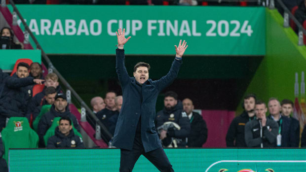 Chelsea manager Mauricio Pochettino pictured during his team's 1-0 defeat by Liverpool in the 2024 EFL Cup final at Wembley