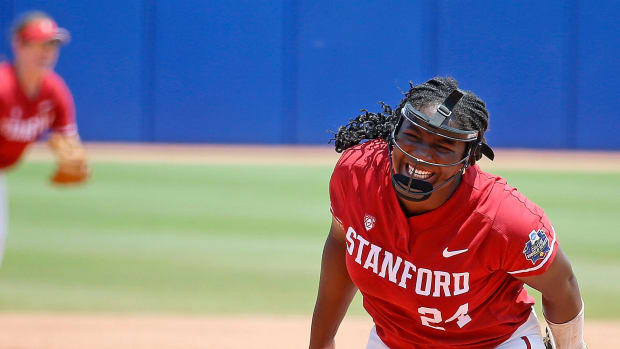 Stanford's NiJaree Canady (24) celebrates a strike out during a softball game between the Oklahoma Sooners and Stanford in the Women's College World Series at USA Softball Hall of Fame Stadium in in Oklahoma City, Monday, June, 5, 2023.