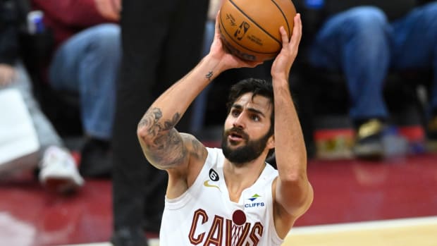 Feb 26, 2023; Cleveland, Ohio, USA; Cleveland Cavaliers guard Ricky Rubio (13) shoots in the third quarter against the Toronto Raptors at Rocket Mortgage FieldHouse.