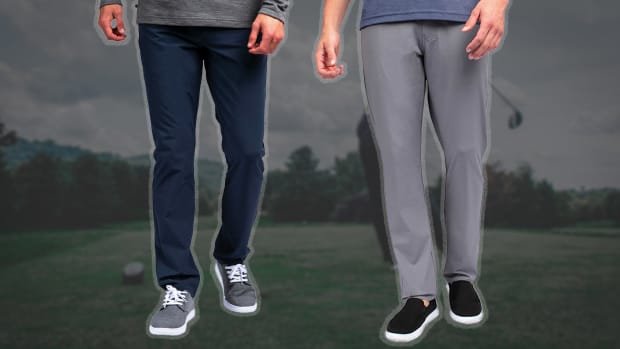 the travismathew right on time lightweight golf pants, seen here in navy and gray, are on sale at PGA Tour Superstore