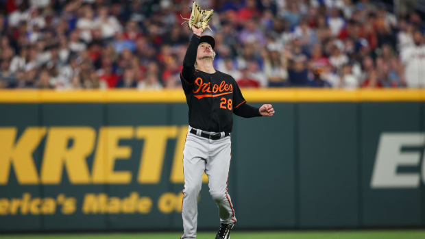 May 6, 2023; Atlanta, Georgia, USA; Baltimore Orioles left fielder Kyle Stowers (28) catches a fly ball against the Atlanta Braves in the sixth inning at Truist Park. Mandatory Credit: Brett Davis-USA TODAY Sports