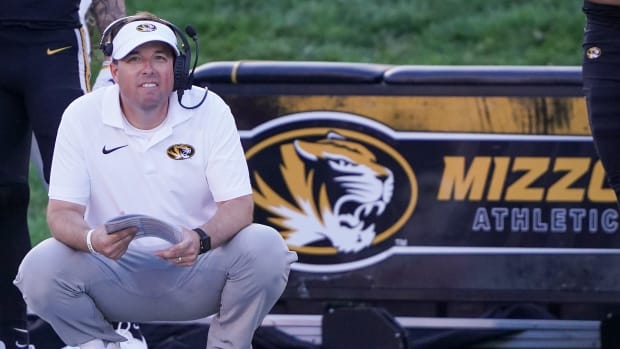 Missouri Tigers head coach Eli Drinkwitz watches play against the Middle Tennessee Blue Raiders during the first half at Faurot Field at Memorial Stadium in 2023.
