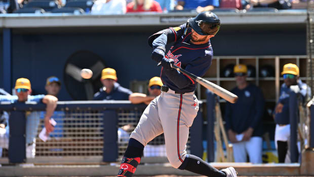 Feb 24, 2024; Port Charlotte, Florida, USA; Atlanta Braves right fielder Forrest Wall (73) hits a RBI single in the second inning of a spring training game against theTampa Bay Rays at Charlotte Sports Park.