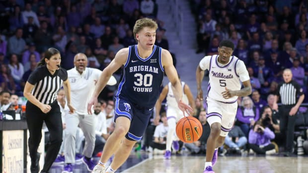 Feb 24, 2024; Manhattan, Kansas, USA; Brigham Young Cougars guard Dallin Hall (30) brings the ball up court during the second half against the Kansas State Wildcats at Bramlage Coliseum.