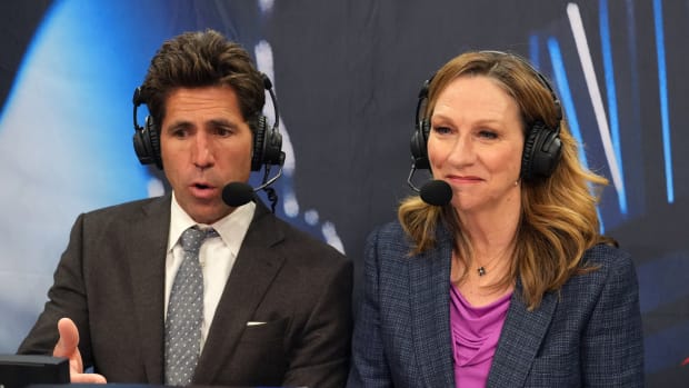 Feb 25, 2024; Los Angeles, California, USA; ESPN analyst Bob Myers (left) and play-by-play announcer Beth Mowins during the game between the LA Clippers and the Sacramento Kings at Crypto.com Arena. Mandatory Credit: Kirby Lee-USA TODAY Sports