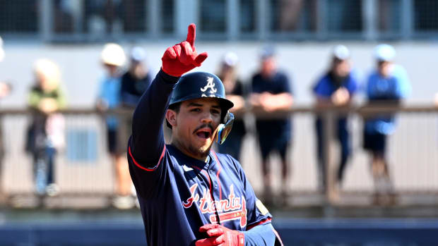 Feb 24, 2024; Port Charlotte, Florida, USA; Atlanta Braves shortstop Ignacio Alvarez (92) reacts after hitting a two RBI double in the second inning of a spring training game against the Tampa Bay Rays at Charlotte Sports Park.