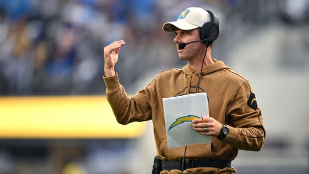 Nov 12, 2023; Inglewood, California, USA; Los Angeles Chargers head coach Brandon Staley gestures during the first half against the Detroit Lions at SoFi Stadium. Mandatory Credit: Orlando Ramirez-USA TODAY Sports  