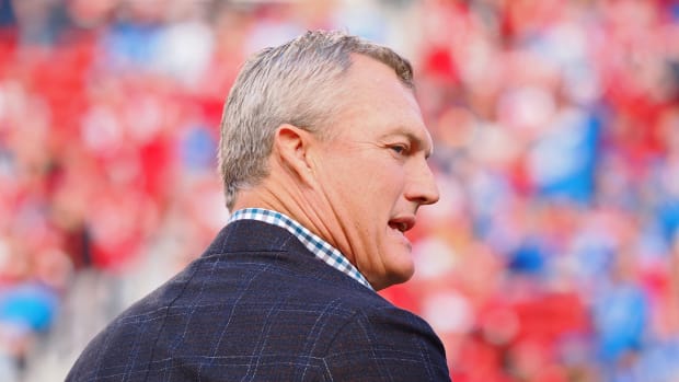 Jan 28, 2024; Santa Clara, California, USA; San Francisco 49ers general manager John Lynch looks on before the NFC Championship football game against the Detroit Lions at Levi's Stadium. Mandatory Credit: Kelley L Cox-USA TODAY Sports  