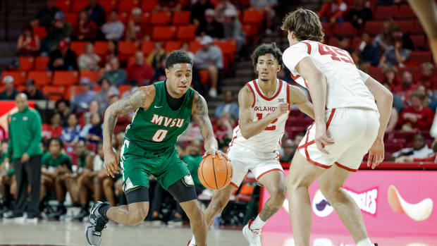 Brown dribbles during Mississippi Valley State’s 82-43 loss to Oklahoma on Nov. 10, 2023.