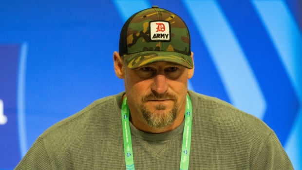 Detroit Lions coach Dan Campbell speaks to the media at the 2024 NFL Scouting Combine.