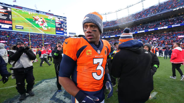 Oct 29, 2023; Denver, Colorado, USA; Denver Broncos quarterback Russell Wilson (3) following the win over the Kansas City Chiefs at Empower Field at Mile High. Mandatory Credit: Ron Chenoy-USA TODAY Sports