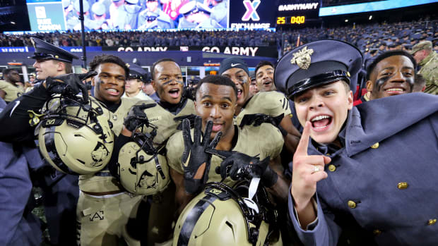 Dec 9, 2023; Foxborough, Massachusetts, USA; The Army Black Knights celebrate with cadets after a 17-11 win against the Navy Midshipmen in the Army-Navy Game at Gillette Stadium. Mandatory Credit: Danny Wild-USA TODAY Sports