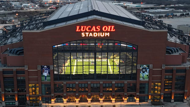 Feb 27, 2024; Indianapolis, IN, USA; A general overall aerial view of Lucas Oil Stadium, the home of the Indianapolis Colts and site of the 2024 NFL Scouting Combine.