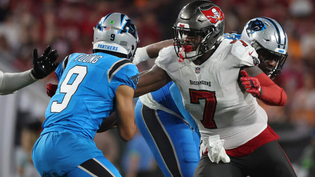 Tampa Bay Buccaneers linebacker Shaquil Barrett pressures Carolina Panthers quarterback Bryce Young on Dec. 3, 2023.