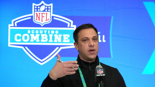 Feb 27, 2024; Indianapolis, IN, USA; Kansas City Chiefs general manager Brett Veach speaks during a press conference at the NFL Scouting Combine at Indiana Convention Center. Mandatory Credit: Kirby Lee-USA TODAY Sports  