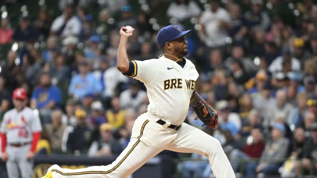 Sep 28, 2023; Milwaukee, Wisconsin, USA; Milwaukee Brewers starting pitcher Julio Teheran (49) delivers a pitch against the St. Louis Cardinals in the seventh inning at American Family Field. Mandatory Credit: Michael McLoone-USA TODAY Sports