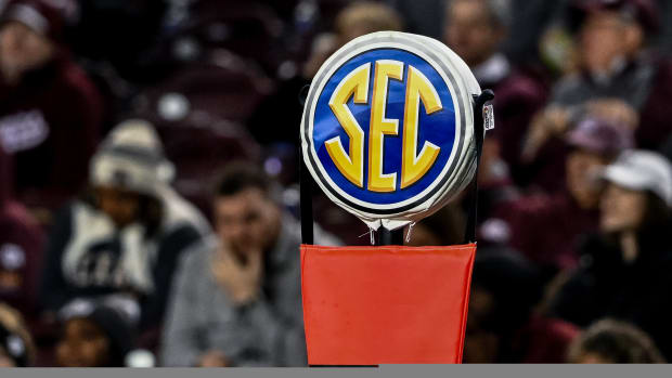 Nov 11, 2023; College Station, Texas, USA; A detailed view of the SEC logo on a chain marker during the game between the Texas A&M Aggies and the Mississippi State Bulldogs at Kyle Field. Mandatory Credit: Maria Lysaker-USA TODAY Sports