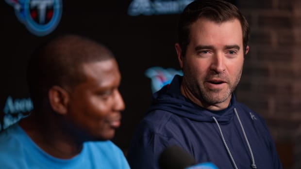 Tennessee Titans Head Coach Brian Callahan, right, fields questions with new Defensive Coordinator Dennard Wilson at Ascension Saint Thomas Sports Park in Nashville, Tenn., Wednesday, Feb. 14, 2024.