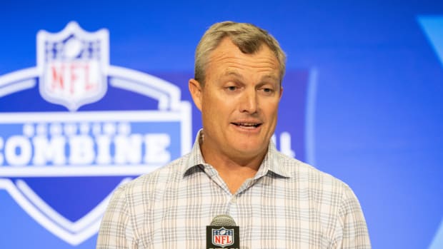 Feb 27, 2024; Indianapolis, IN, USA; San Francisco 49ers general manager John Lynch talks to the media at the 2024 NFL Combine at Indiana Convention Center. Mandatory Credit: Trevor Ruszkowski-USA TODAY Sports  