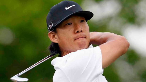 Anthony Kim watches his tee shot at the 2012 Shell Houston Open at Redstone Golf Club in Humble, Texas.