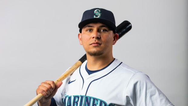 Feb 23, 2024; Peoria, AZ, USA; Seattle Mariners infielder Luis Urias poses for a portrait during photo day at Peoria Sports Complex.