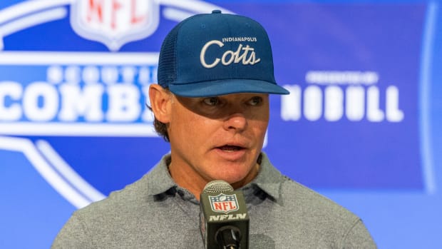 Feb 28, 2024; Indianapolis, IN, USA; Indianapolis Colts general manager Chris Ballard talks to the media at the 2024 NFL Combine at Indiana Convention Center. Mandatory Credit: Trevor Ruszkowski-USA TODAY Sports
