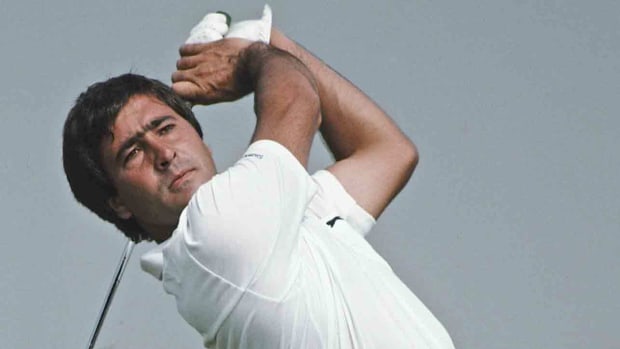 Seve Ballesteros of Spain watches a shot during the 1983 British Open at Royal Birkdale Golf Club in Southport, England.